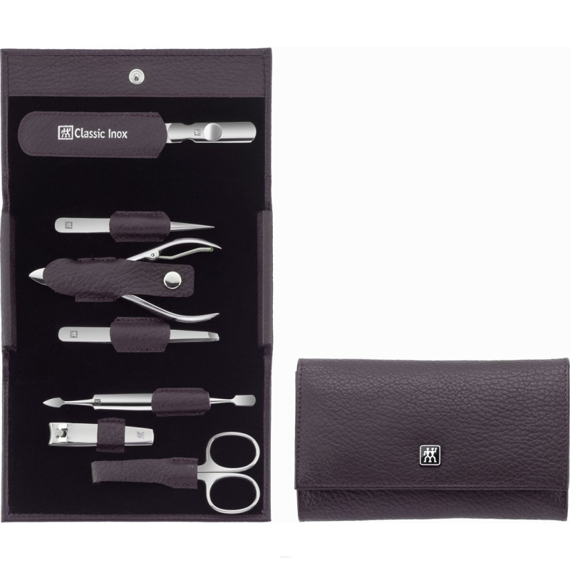 Zestaw do manicure i pedicure Zwilling Classic Inox fioletowe skórzane etui 7 elementów